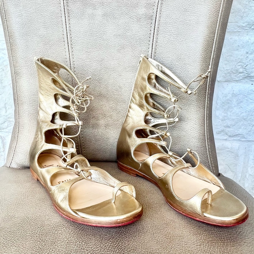Christian Louboutin Spartty Metallic Gold Gladiator Lace-Up Sandals Euro 38 1/2